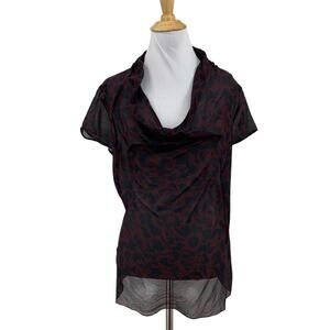 Theory Top Women M Medium Garnet Black Silk Cowl Neck Animal Print Fully Sheer